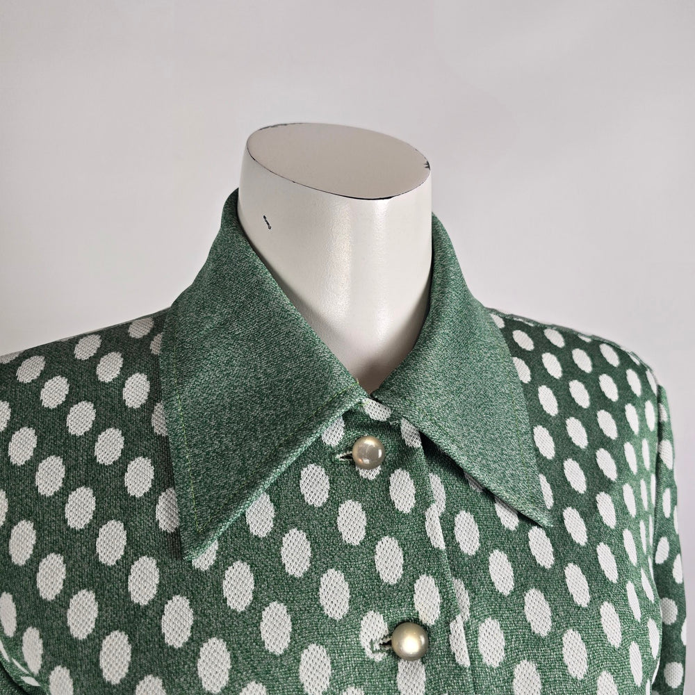 Vintage 70s Green Polka Dot Blazer Size M/L Jacket Button Front Retro Chic