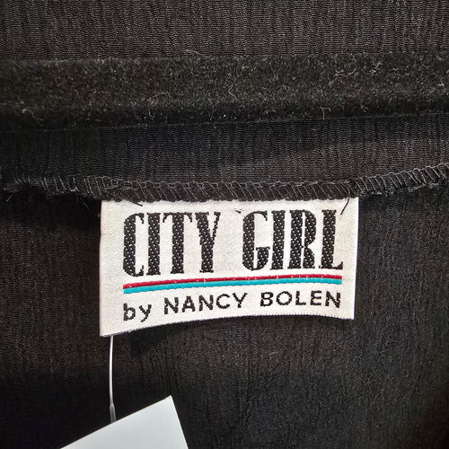 Vintage 90s Black Vest Artsy Print Size M/L Zip Front City Girl Nancy Bolen