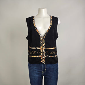 Vintage 90s Black Vest Artsy Print Size M/L Zip Front City Girl Nancy Bolen