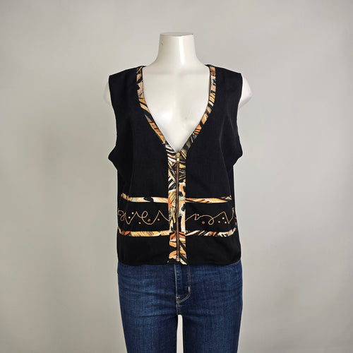 Vintage 90s Black Vest Artsy Print Size M/L Zip Front City Girl Nancy Bolen