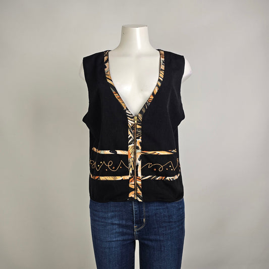 Vintage 90s Black Vest Artsy Print Size M/L Zip Front City Girl Nancy Bolen