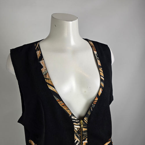 Vintage 90s Black Vest Artsy Print Size M/L Zip Front City Girl Nancy Bolen