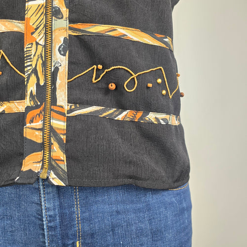 Vintage 90s Black Vest Artsy Print Size M/L Zip Front City Girl Nancy Bolen