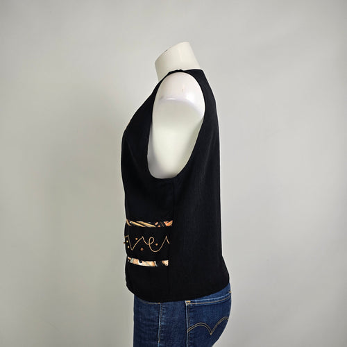 Vintage 90s Black Vest Artsy Print Size M/L Zip Front City Girl Nancy Bolen