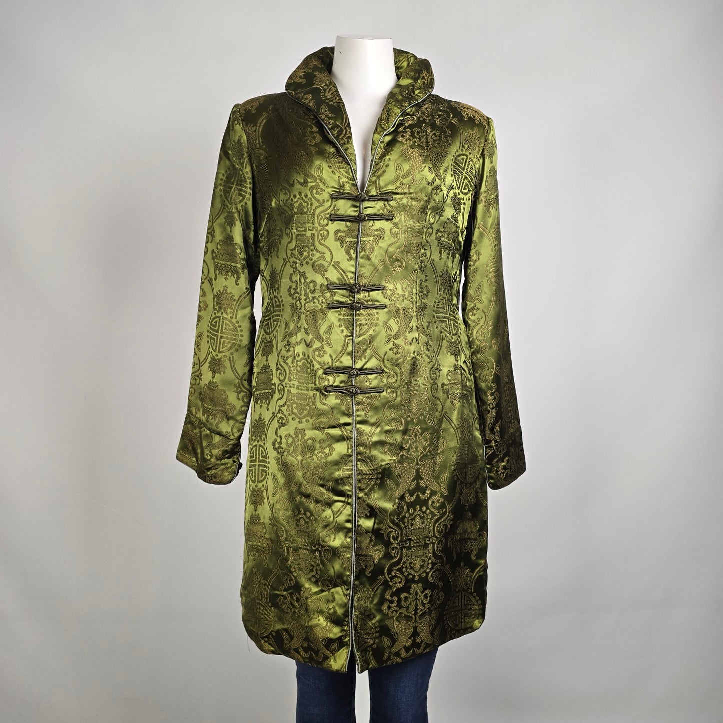 Vintage Chinese Brocade Jacket Size S Olive Green Frog Closure Tunic Coat