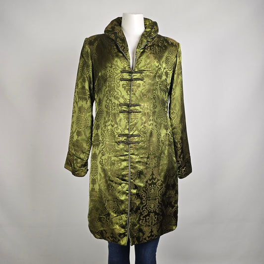 Vintage Chinese Brocade Jacket Size S Olive Green Frog Closure Tunic Coat