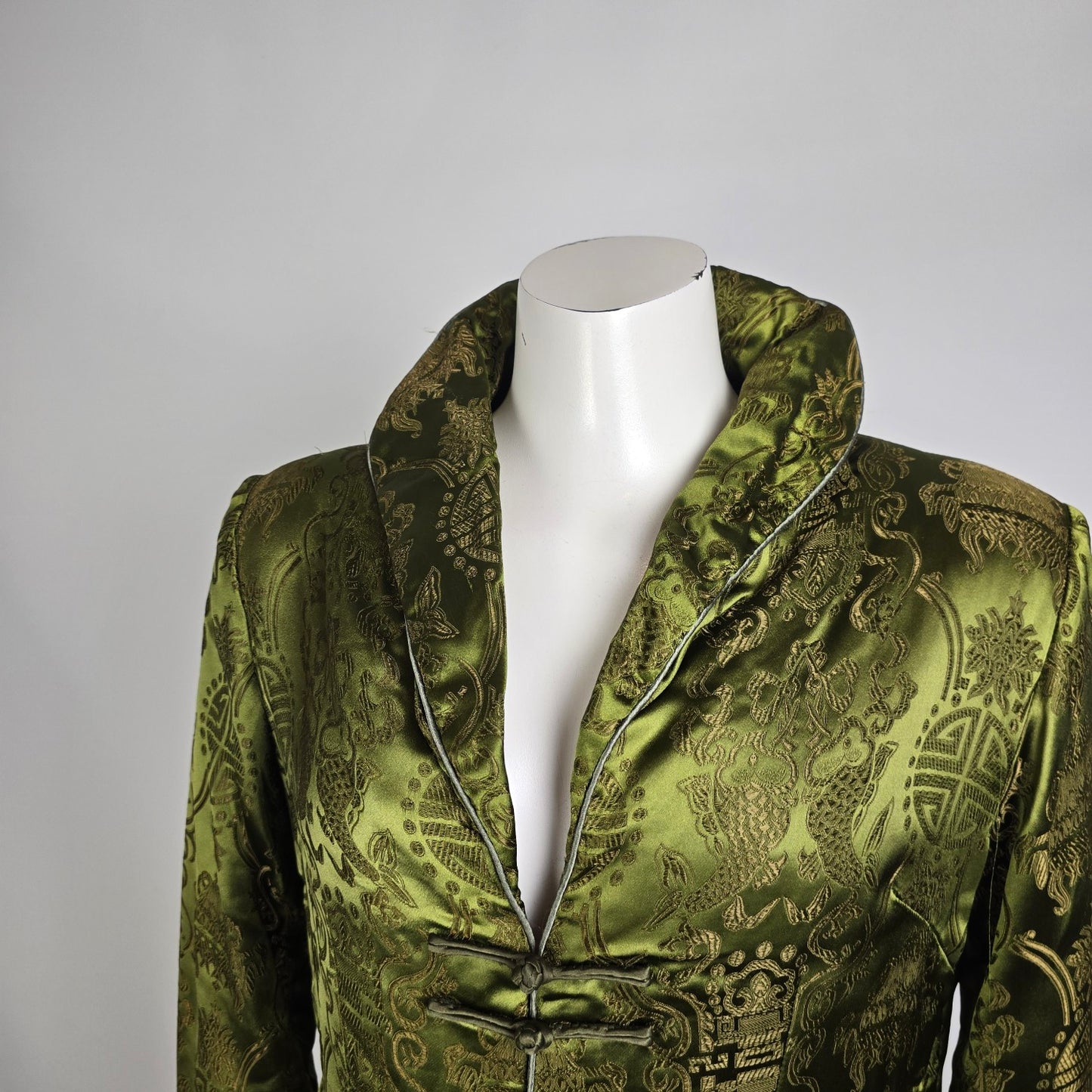 Vintage Chinese Brocade Jacket Size S Olive Green Frog Closure Tunic Coat