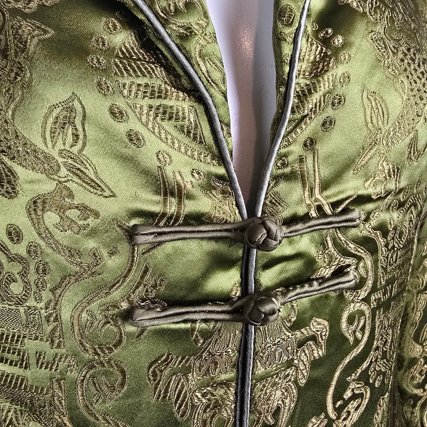 Vintage Chinese Brocade Jacket Size S Olive Green Frog Closure Tunic Coat