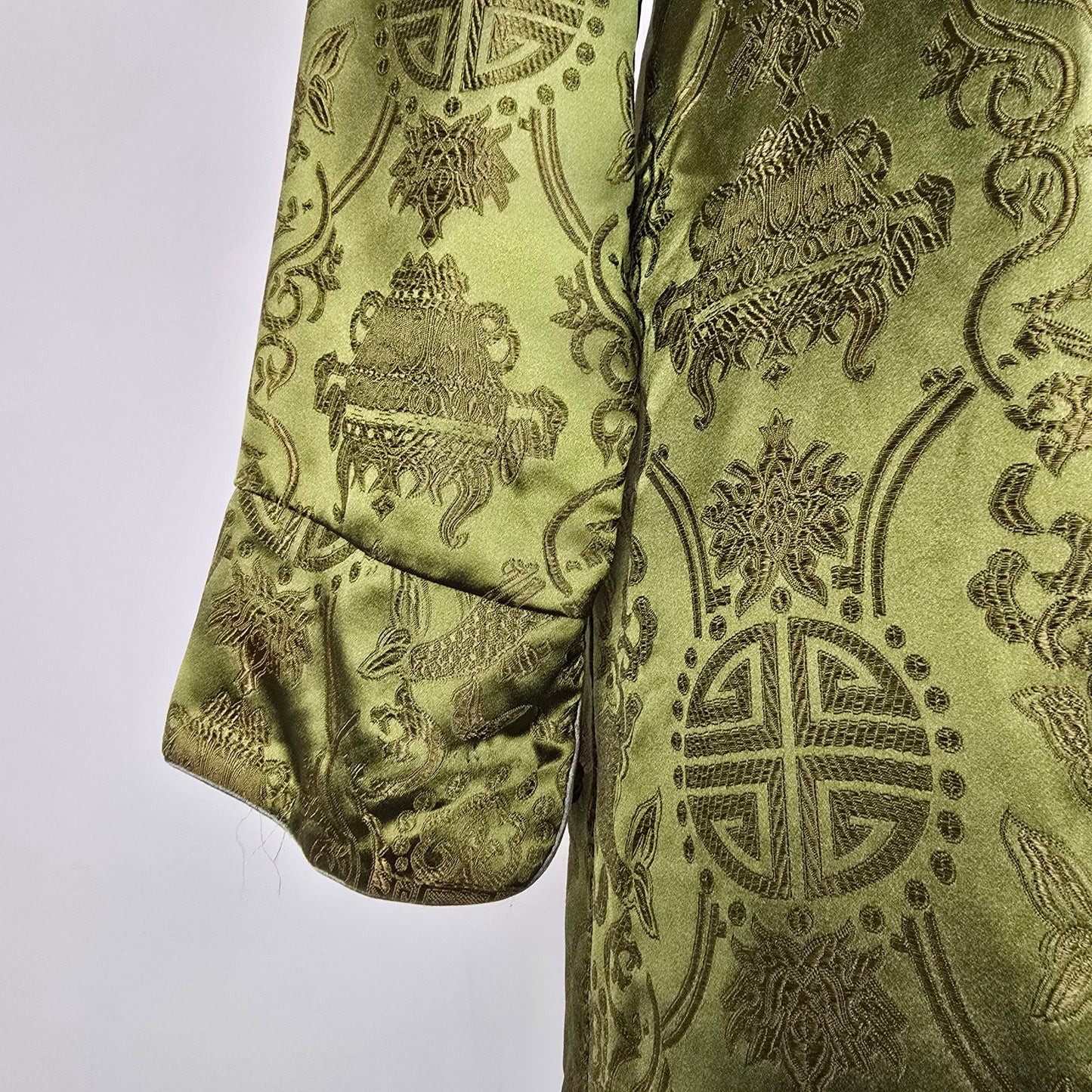 Vintage Chinese Brocade Jacket Size S Olive Green Frog Closure Tunic Coat