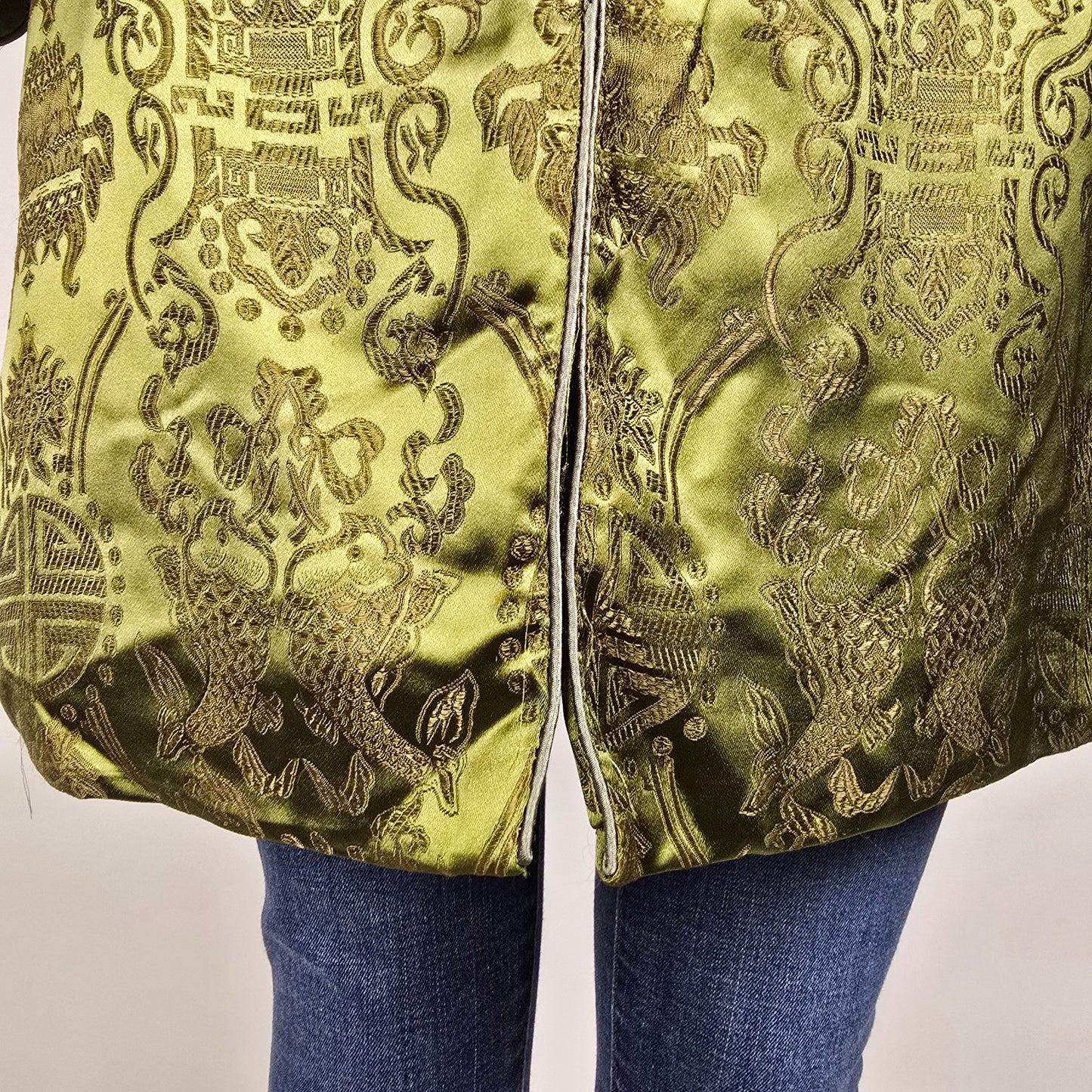 Vintage Chinese Brocade Jacket Size S Olive Green Frog Closure Tunic Coat