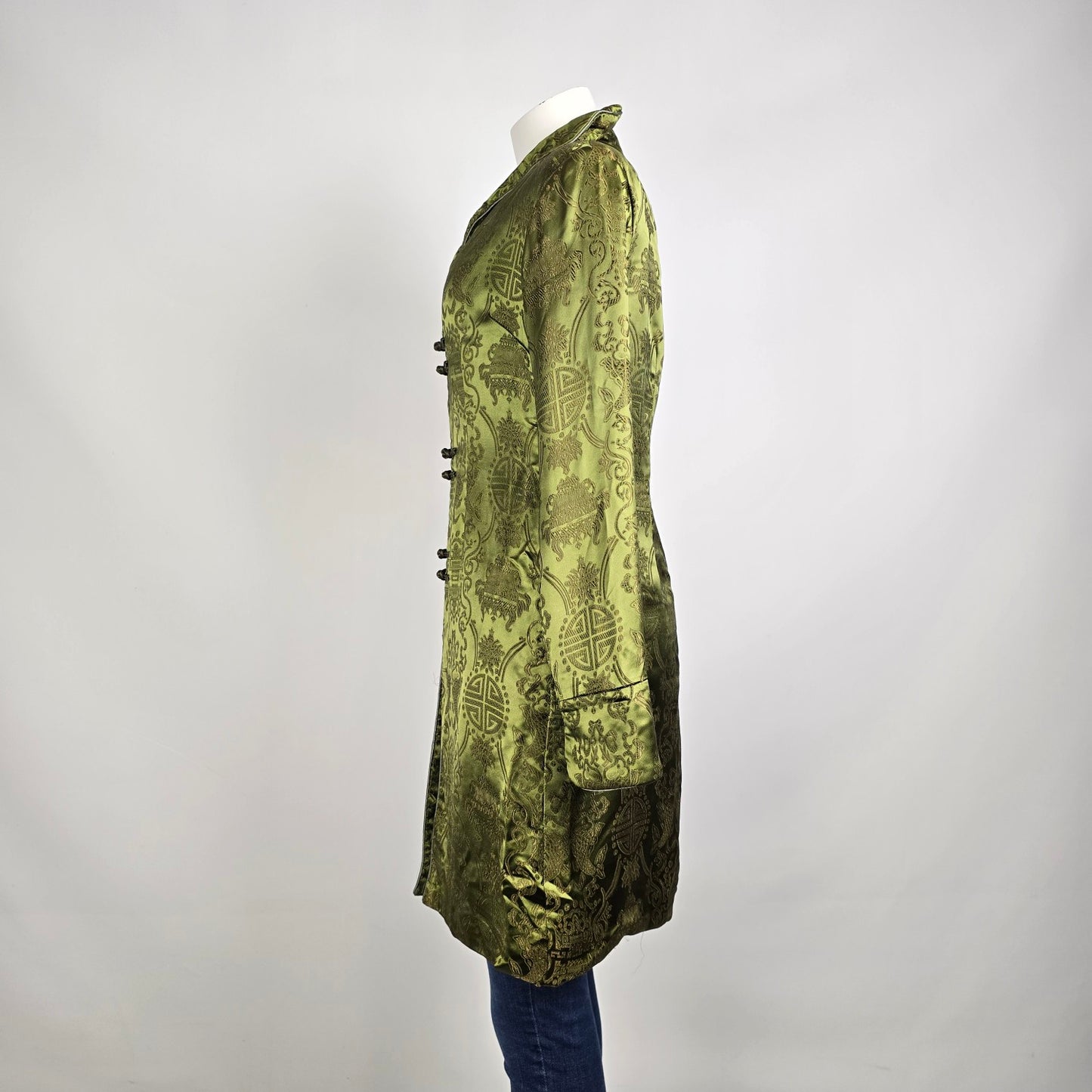 Vintage Chinese Brocade Jacket Size S Olive Green Frog Closure Tunic Coat