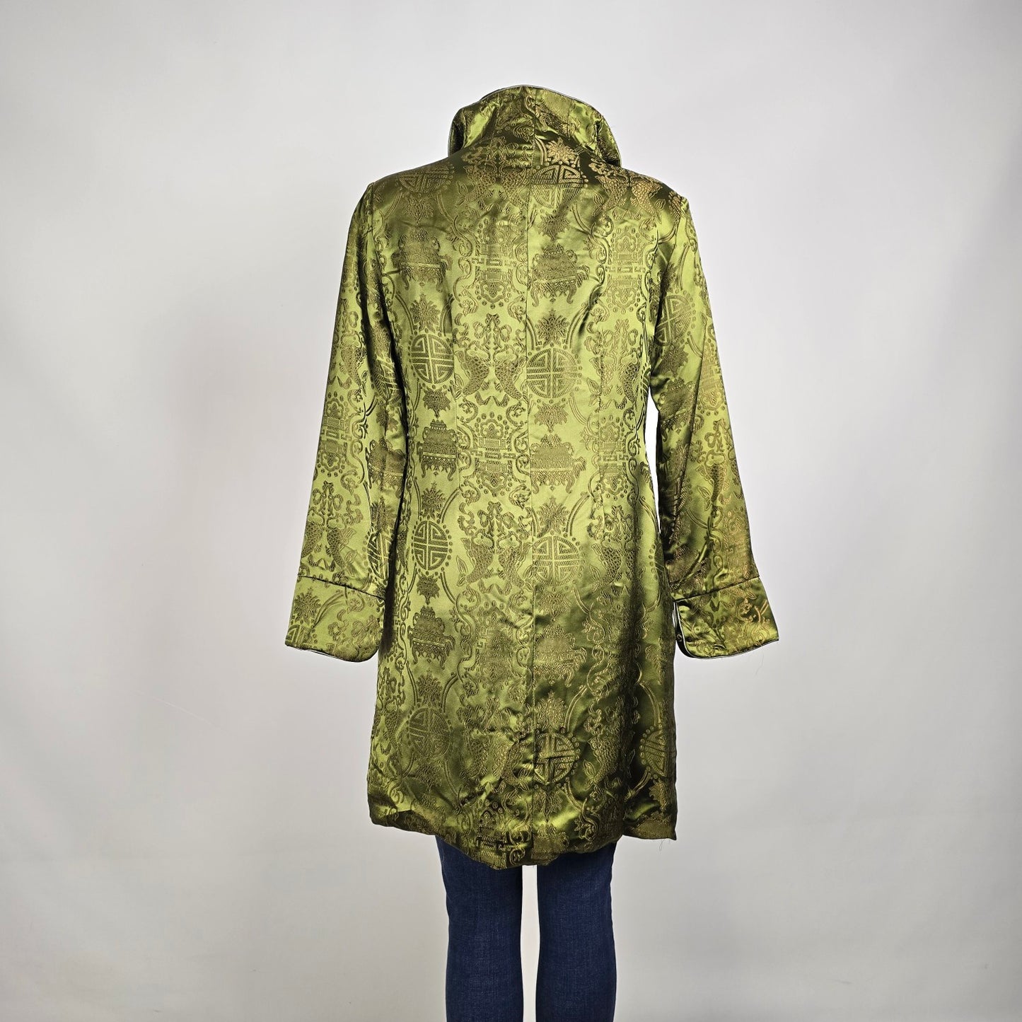 Vintage Chinese Brocade Jacket Size S Olive Green Frog Closure Tunic Coat