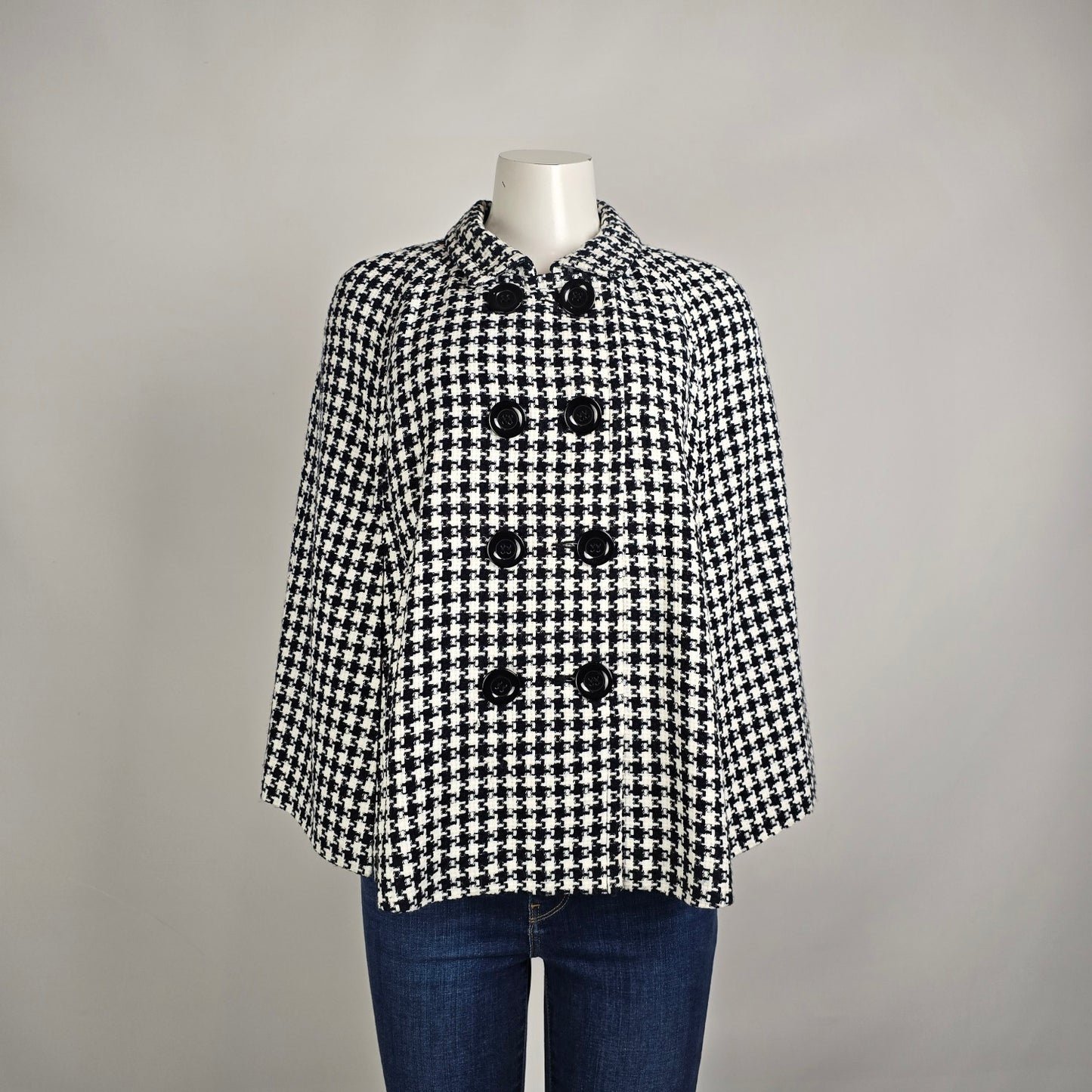 Karen Kane Houndstooth Coat Cape Style Jacket Black White S/M