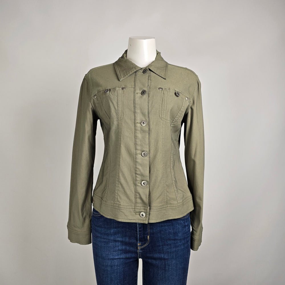 Simon Chang Jacket Olive Green Stretch Size 8  Button Front Fitted