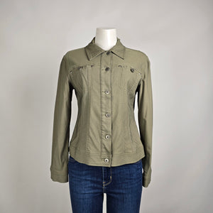 Simon Chang Jacket Olive Green Stretch Size 8  Button Front Fitted