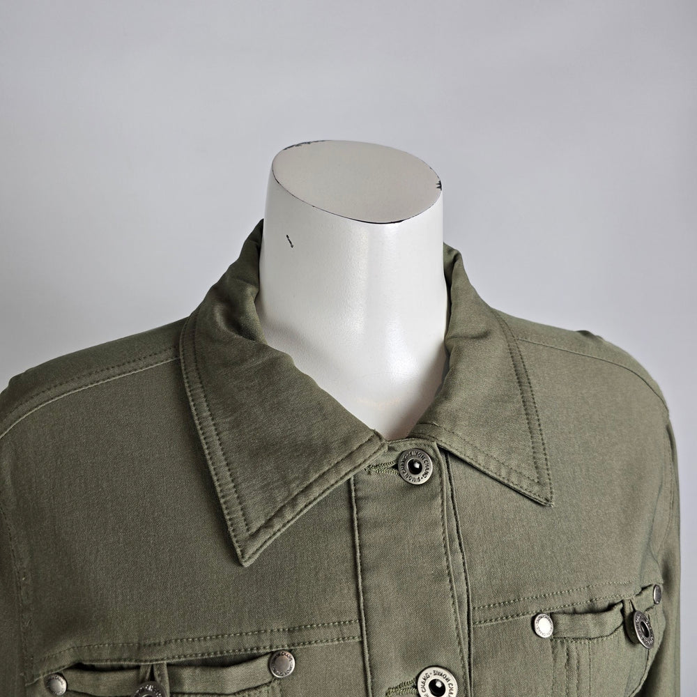 Simon Chang Jacket Olive Green Stretch Size 8  Button Front Fitted