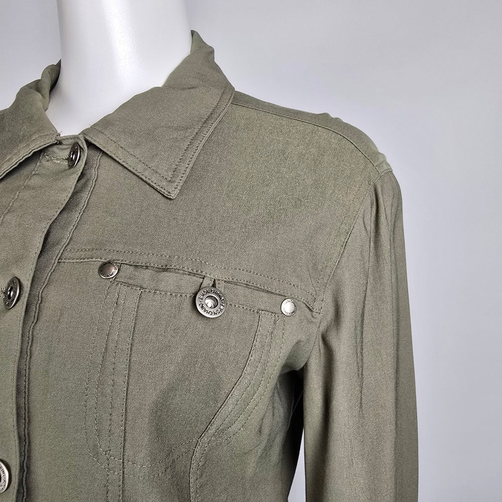 Simon Chang Jacket Olive Green Stretch Size 8  Button Front Fitted