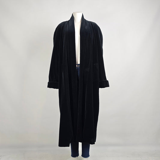 Vintage JS Collections Black Velvet Duster Coat Long Open Front Size L