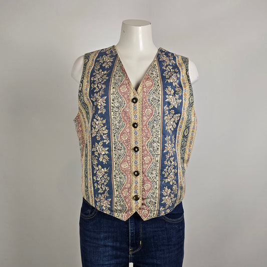 Lizwear Vintage Tapestry Vest Floral Striped Button Front Boho Cottagecore Size M