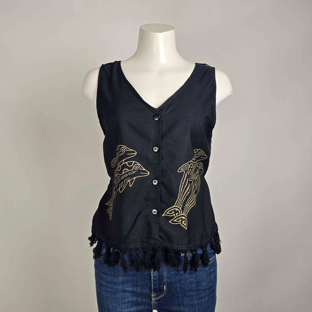 Rima Beachwear Dolphin Print Top Black Tassel Hem Button Front Boho Size M/L