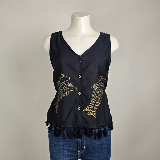 Rima Beachwear Dolphin Print Top Black Tassel Hem Button Front Boho Size M/L