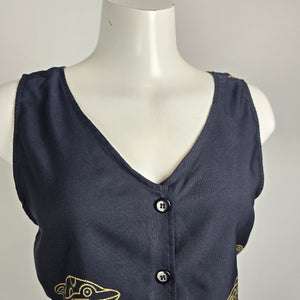 Rima Beachwear Dolphin Print Top Black Tassel Hem Button Front Boho Size M/L