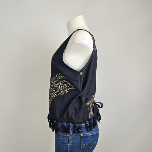 Rima Beachwear Dolphin Print Top Black Tassel Hem Button Front Boho Size M/L