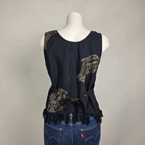 Rima Beachwear Dolphin Print Top Black Tassel Hem Button Front Boho Size M/L
