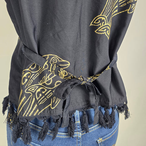 Rima Beachwear Dolphin Print Top Black Tassel Hem Button Front Boho Size M/L