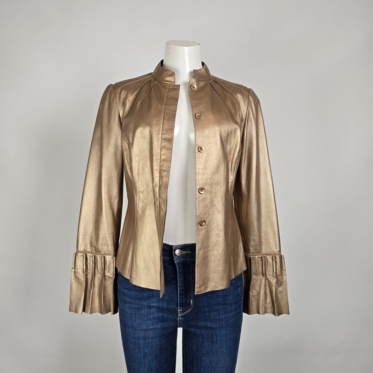Carlisle Gold Leather Jacket Metallic Ruffle Cuff Statement Blazer Size 4