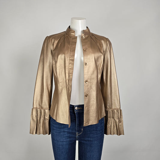 Carlisle Gold Leather Jacket Metallic Ruffle Cuff Statement Blazer Size 4