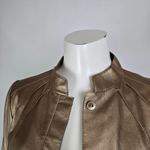 Carlisle Gold Leather Jacket Metallic Ruffle Cuff Statement Blazer Size 4