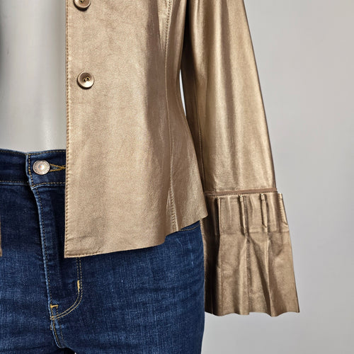 Carlisle Gold Leather Jacket Metallic Ruffle Cuff Statement Blazer Size 4