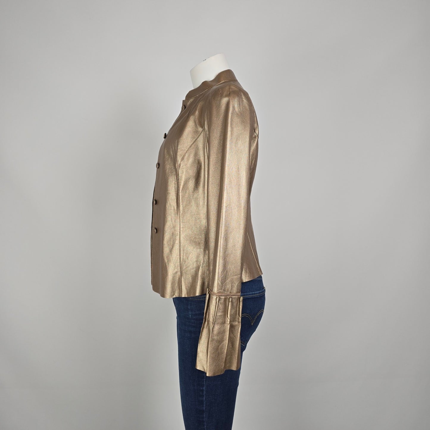 Carlisle Gold Leather Jacket Metallic Ruffle Cuff Statement Blazer Size 4