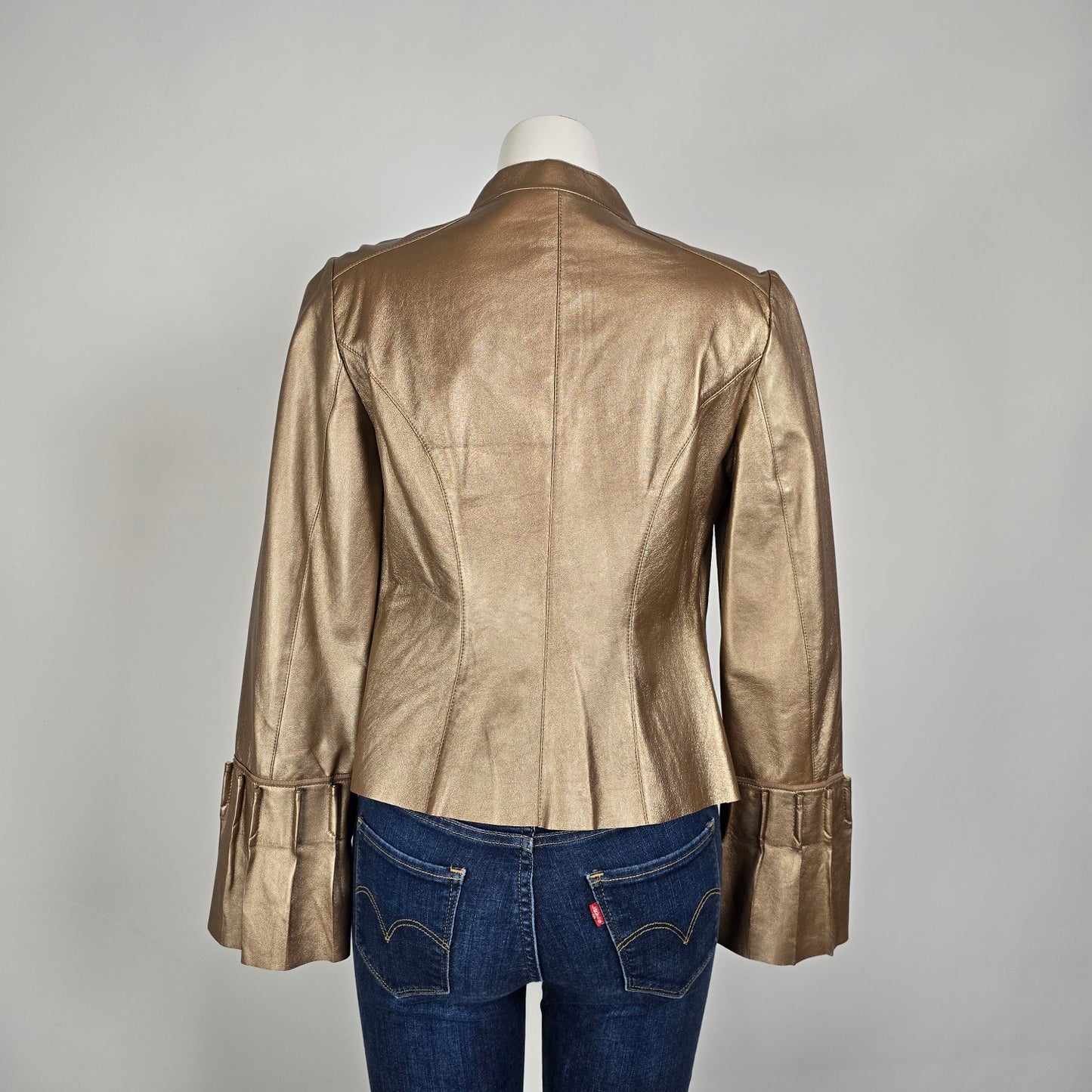 Carlisle Gold Leather Jacket Metallic Ruffle Cuff Statement Blazer Size 4