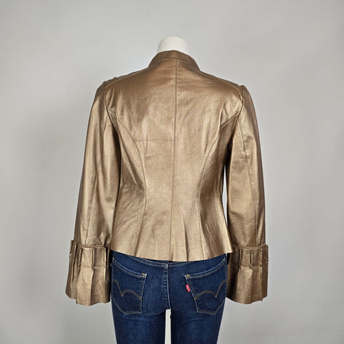 Carlisle Gold Leather Jacket Metallic Ruffle Cuff Statement Blazer Size 4