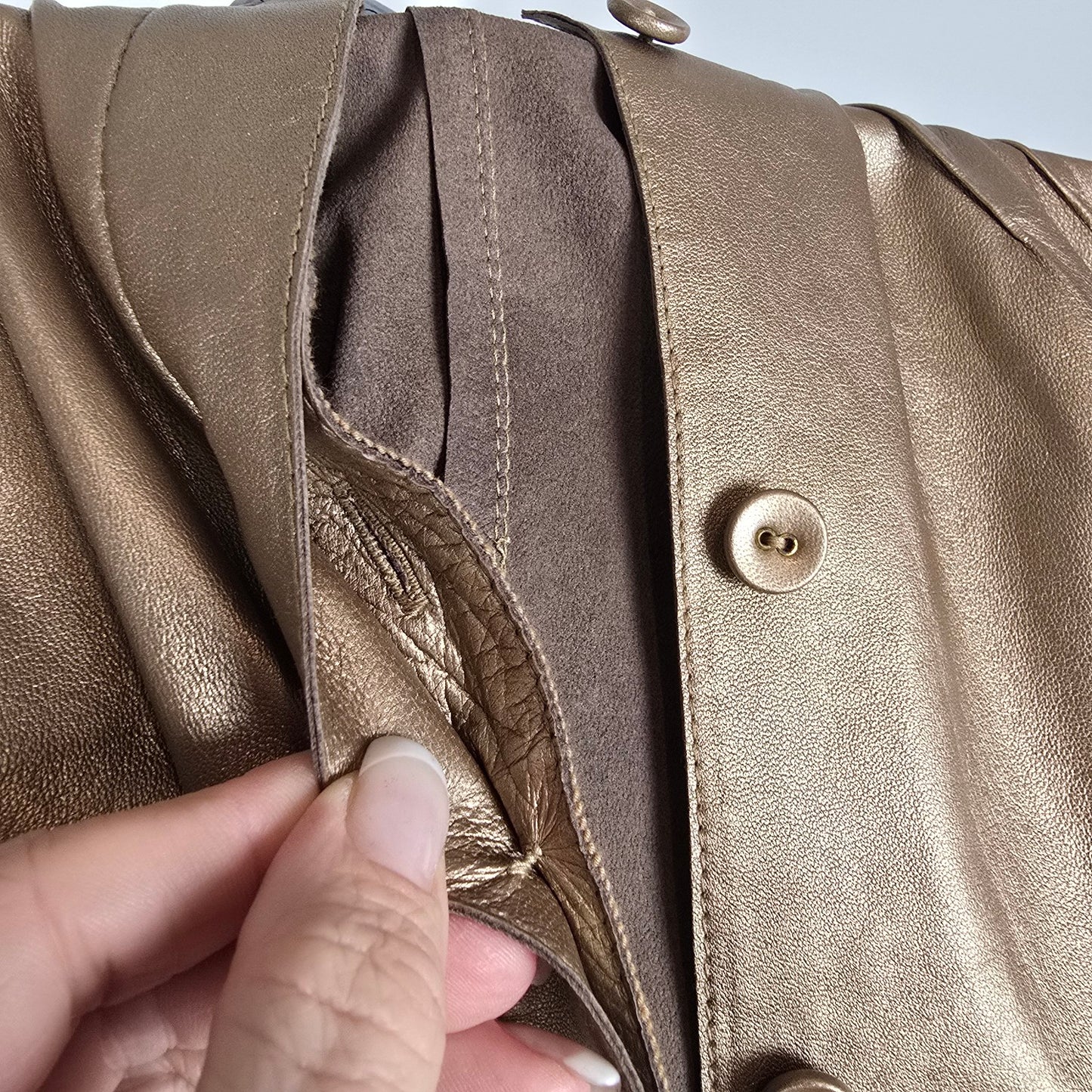 Carlisle Gold Leather Jacket Metallic Ruffle Cuff Statement Blazer Size 4