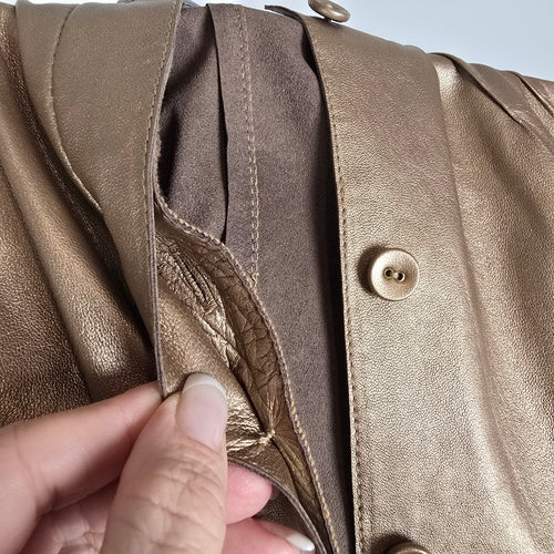 Carlisle Gold Leather Jacket Metallic Ruffle Cuff Statement Blazer Size 4