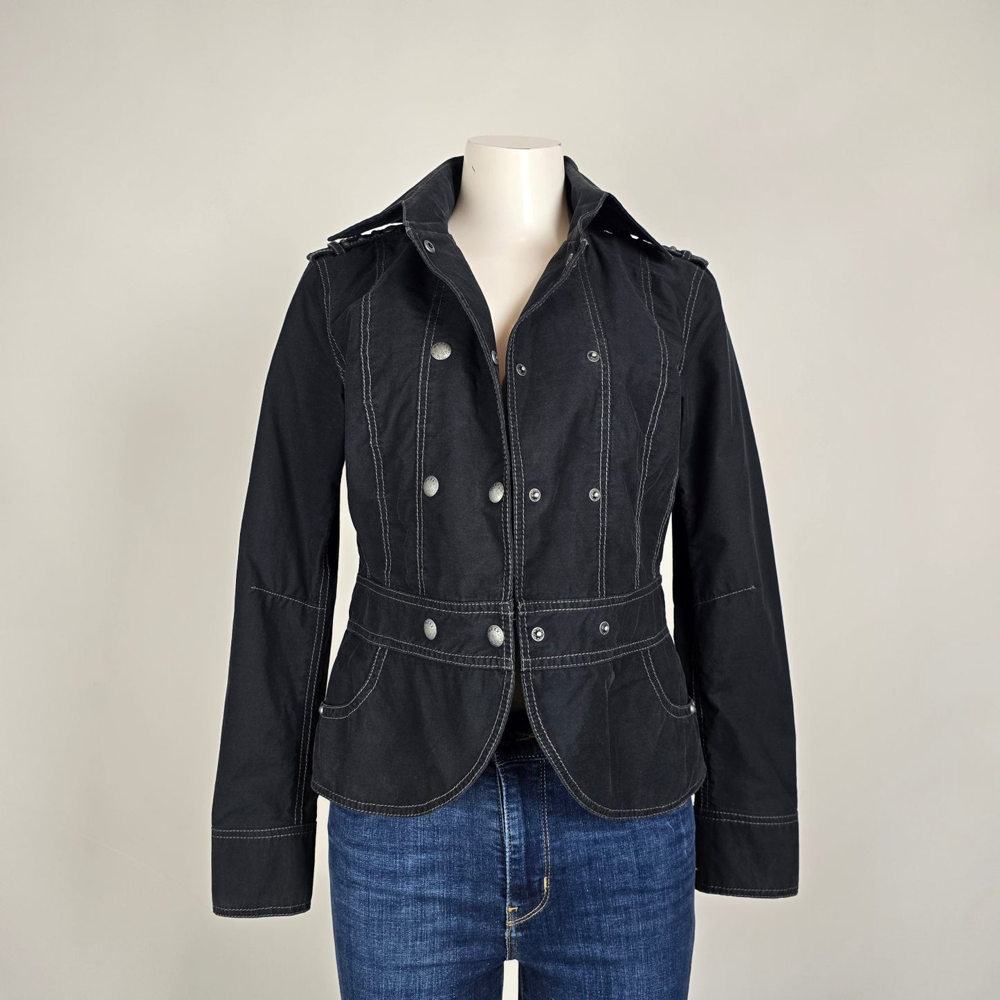 Mexx Black Military Jacket Double Breasted Structured Cotton Blend Size 6