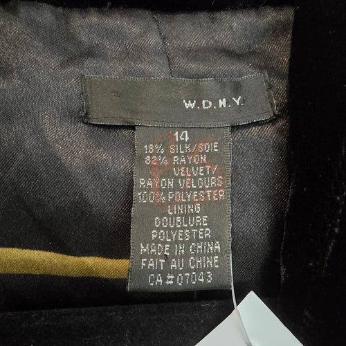WDNY Black Velvet Blazer Silk Floral Embroidered Lapel Jacket Size 14