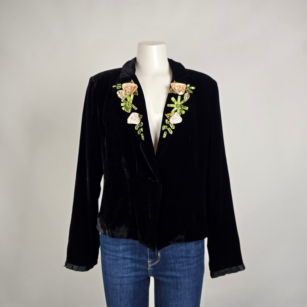 WDNY Black Velvet Blazer Silk Floral Embroidered Lapel Jacket Size 14