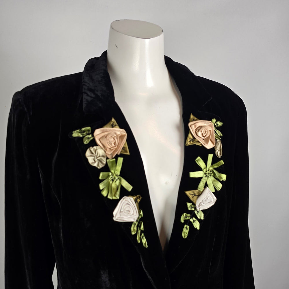 WDNY Black Velvet Blazer Silk Floral Embroidered Lapel Jacket Size 14