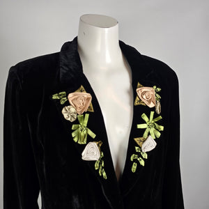 WDNY Black Velvet Blazer Silk Floral Embroidered Lapel Jacket Size 14