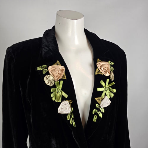 WDNY Black Velvet Blazer Silk Floral Embroidered Lapel Jacket Size 14