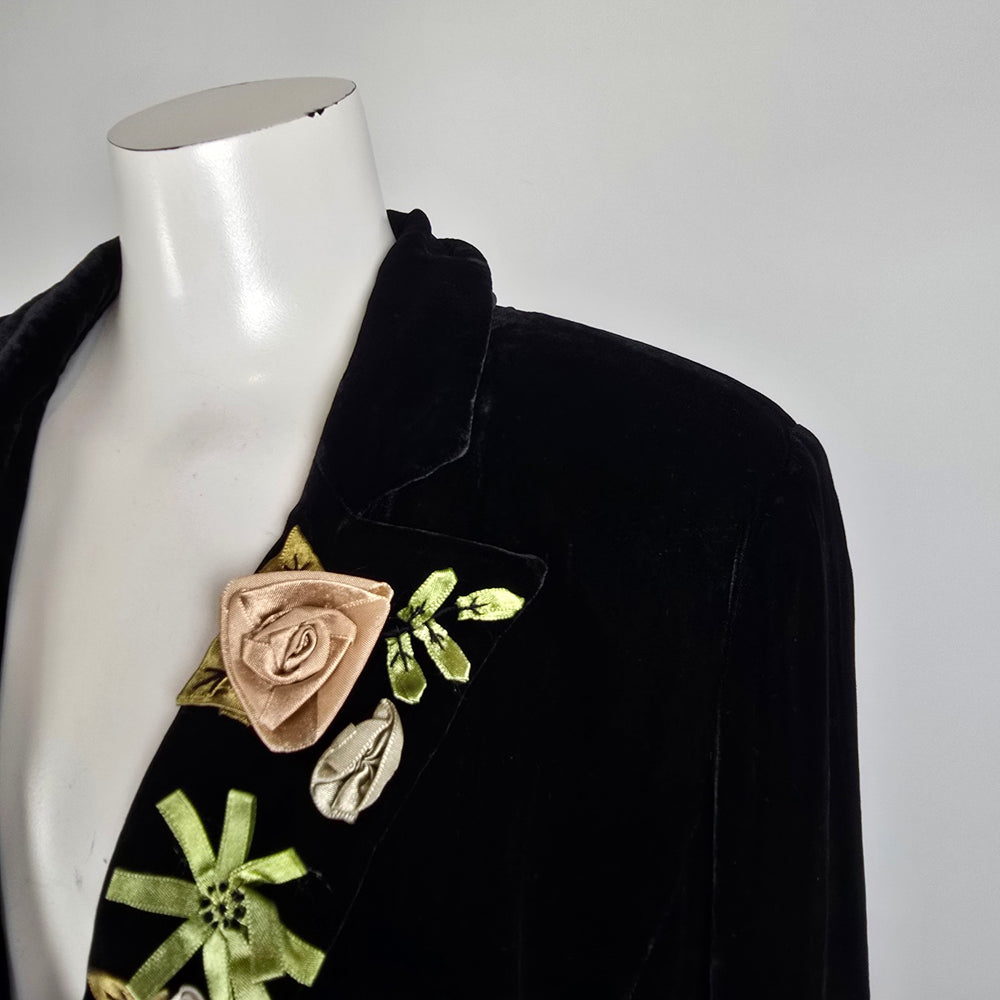WDNY Black Velvet Blazer Silk Floral Embroidered Lapel Jacket Size 14