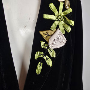WDNY Black Velvet Blazer Silk Floral Embroidered Lapel Jacket Size 14