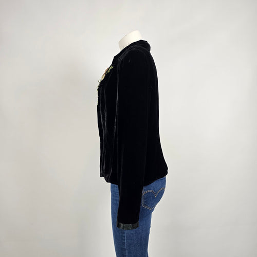 WDNY Black Velvet Blazer Silk Floral Embroidered Lapel Jacket Size 14