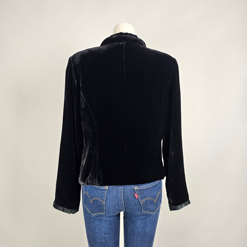 WDNY Black Velvet Blazer Silk Floral Embroidered Lapel Jacket Size 14