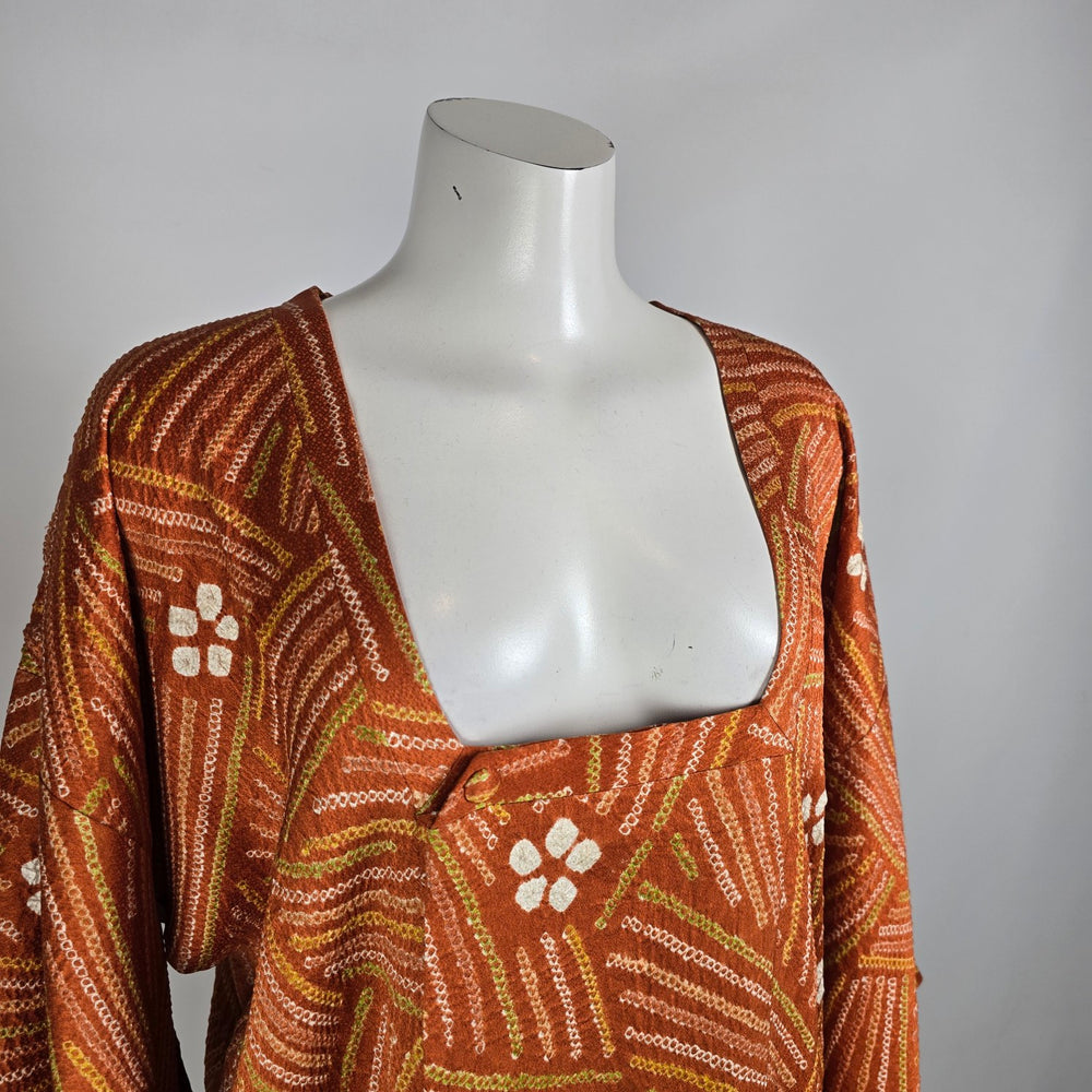 Vintage Japanese Style Kimono Tunic Size M/L Orange Batik Print Oversized Boho Caftan