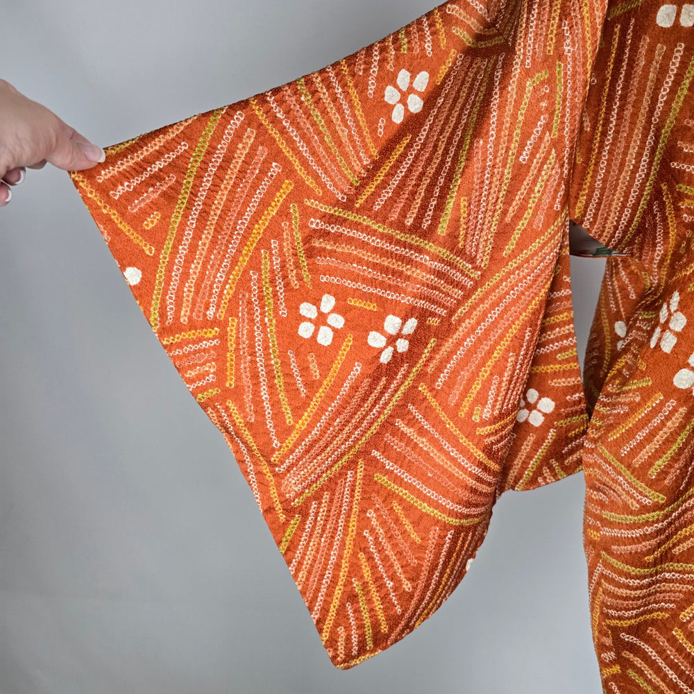 Vintage Japanese Style Kimono Tunic Size M/L Orange Batik Print Oversized Boho Caftan